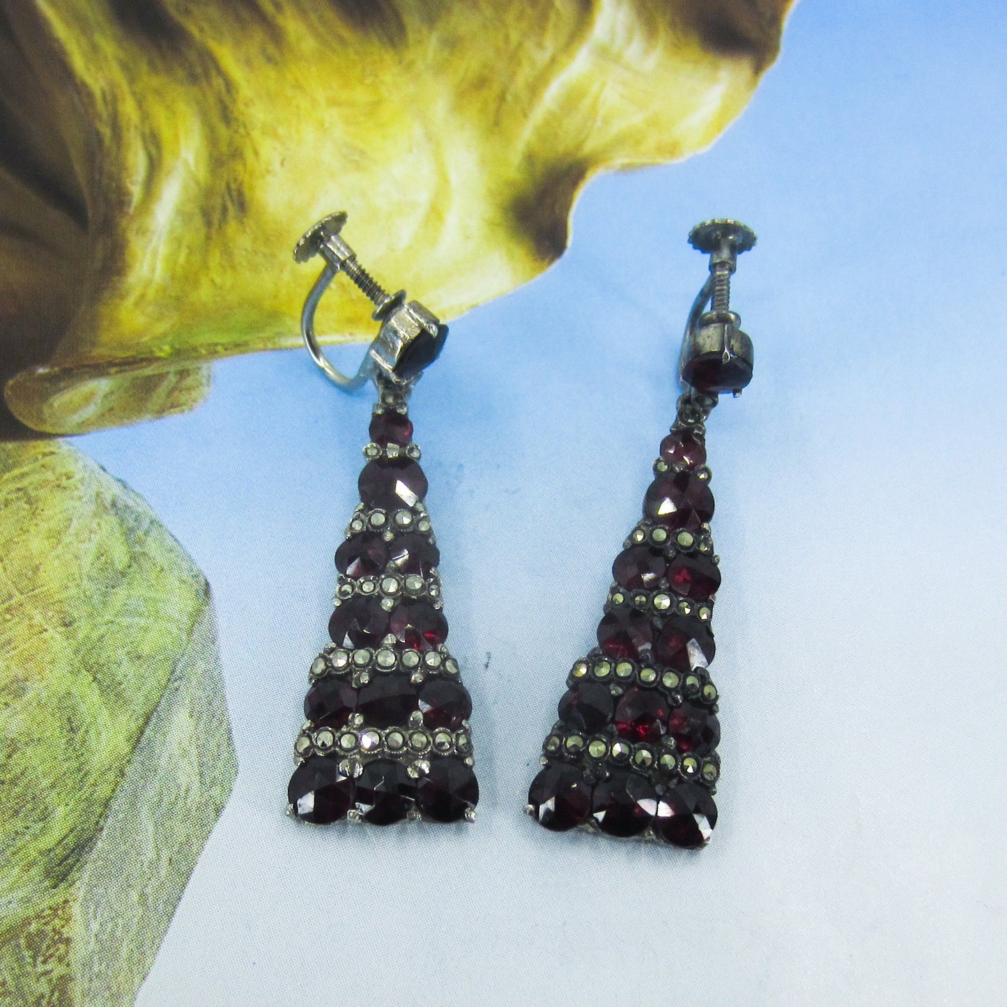SOLD-Art Deco Marcasite and Bohemian Garnet Drop Earrings 935 Silver, Germany c. 1930