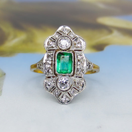 SOLD--Edwardian Emerald and Diamond Ring 18k/Plat c. 1910