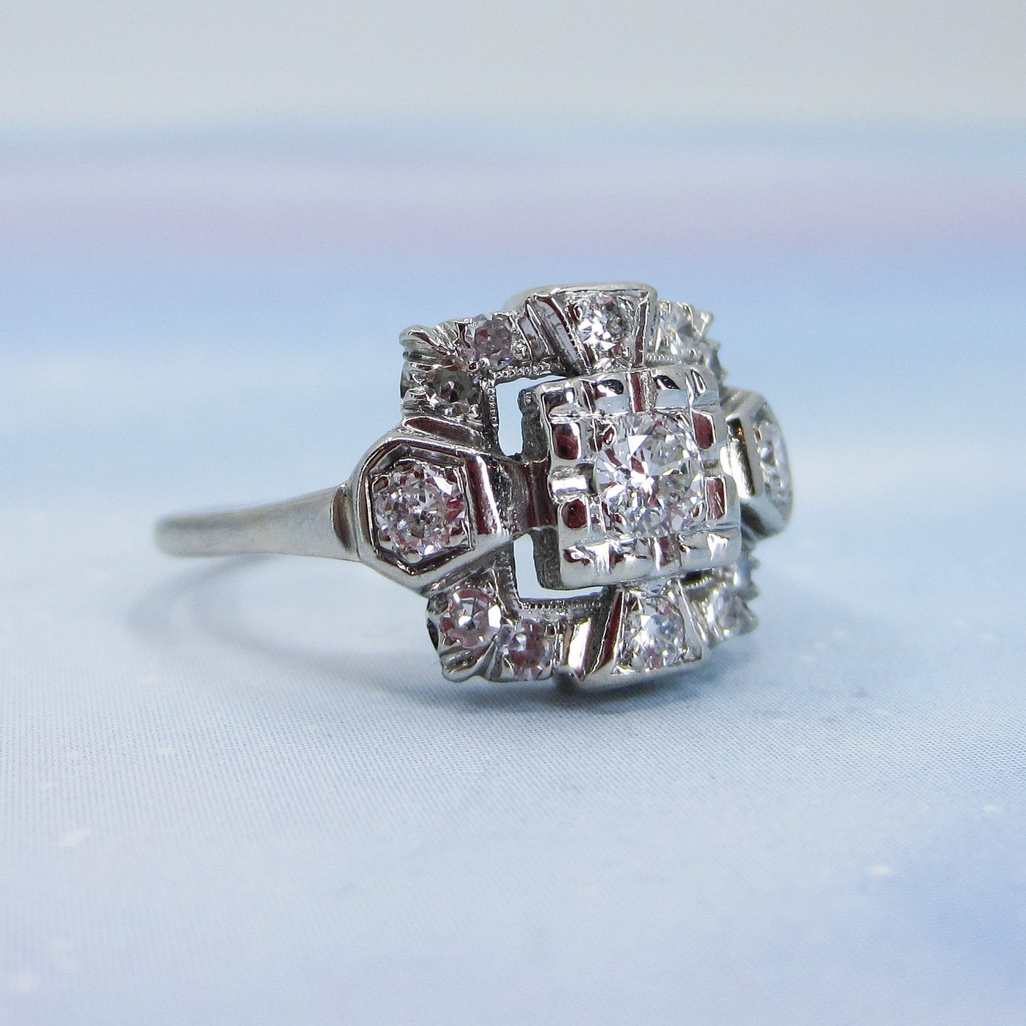 SOLD--Art Deco Geometric Diamond Ring 14k c. 1940