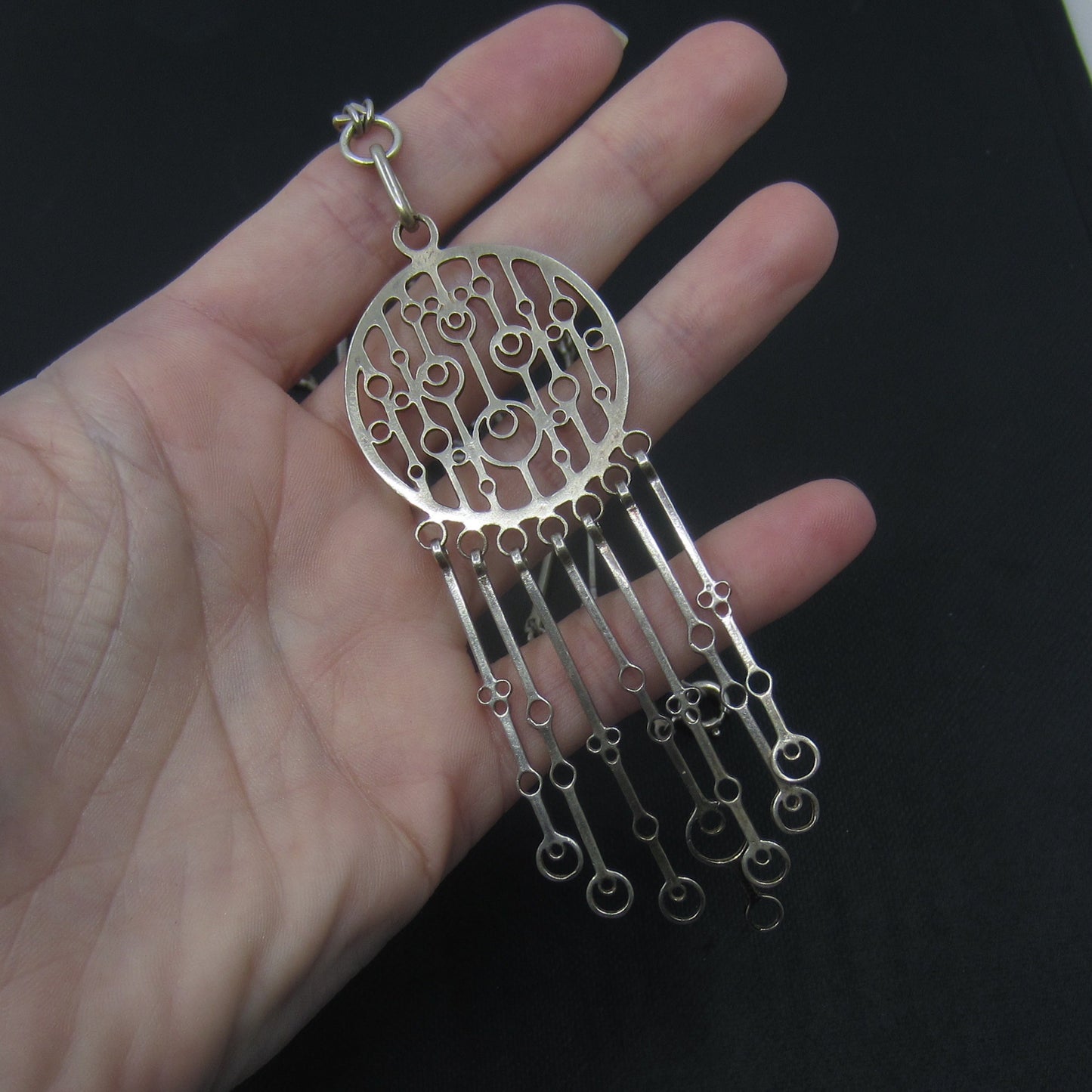 SOLD-Modernist Geometric Fringe Necklace Sterling, Marianne Berg for Uni David Andersen, Norway c. 1960