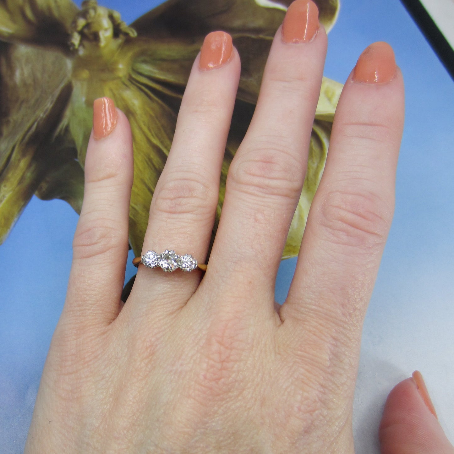 SOLD-Edwardian Three Old Mine Diamond Ring Platinum/18k c. 1910