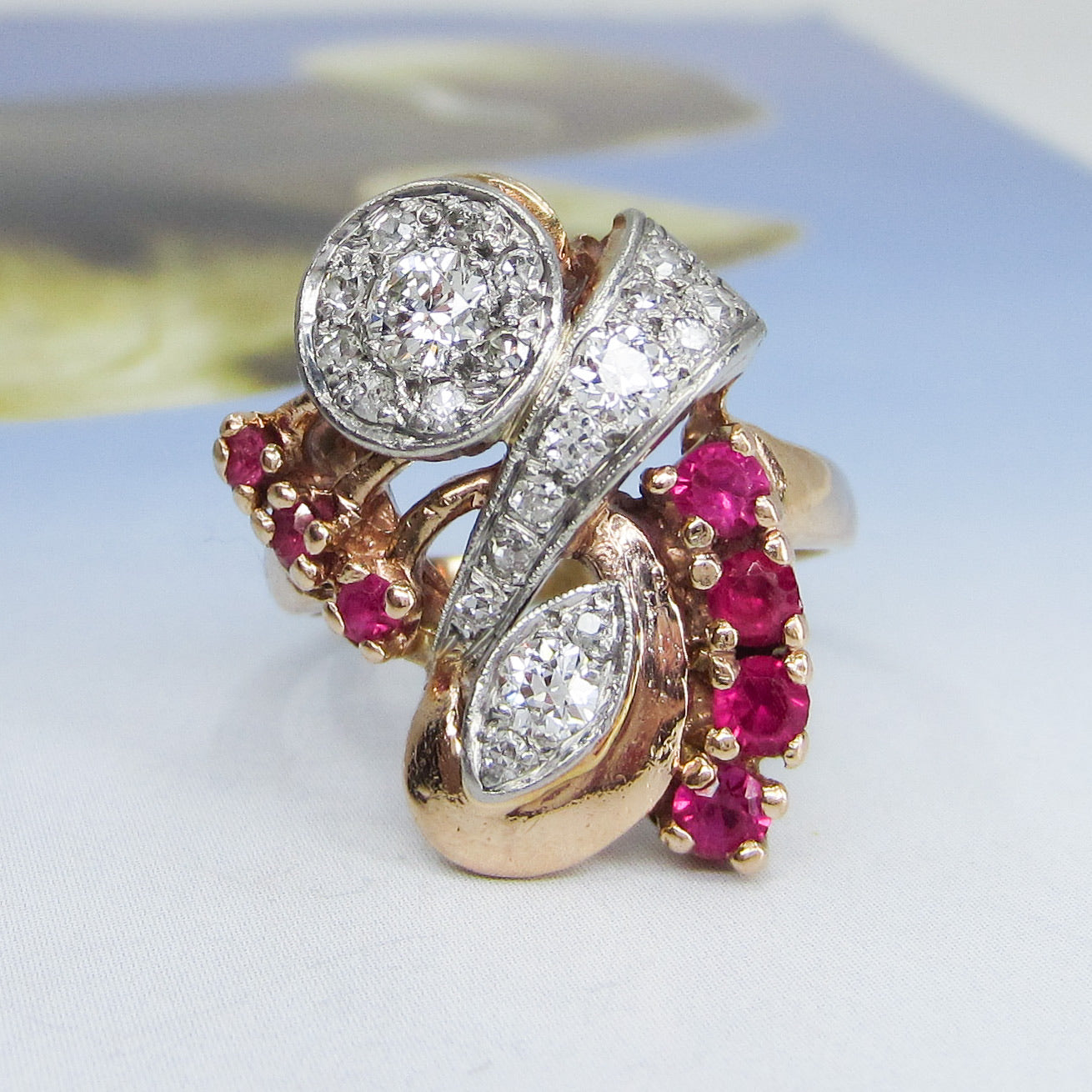 SOLD—Vintage Retro Old Hollywood Diamond and Ruby Ring 14k c. 1940