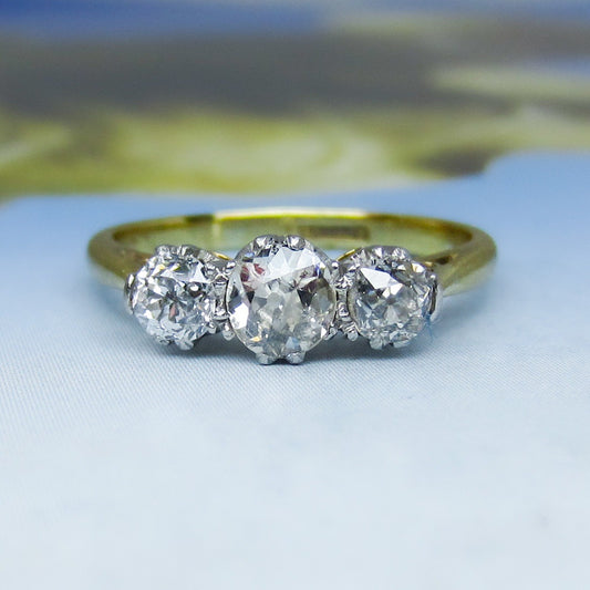 SOLD-Edwardian Three Old Mine Diamond Ring Platinum/18k c. 1910