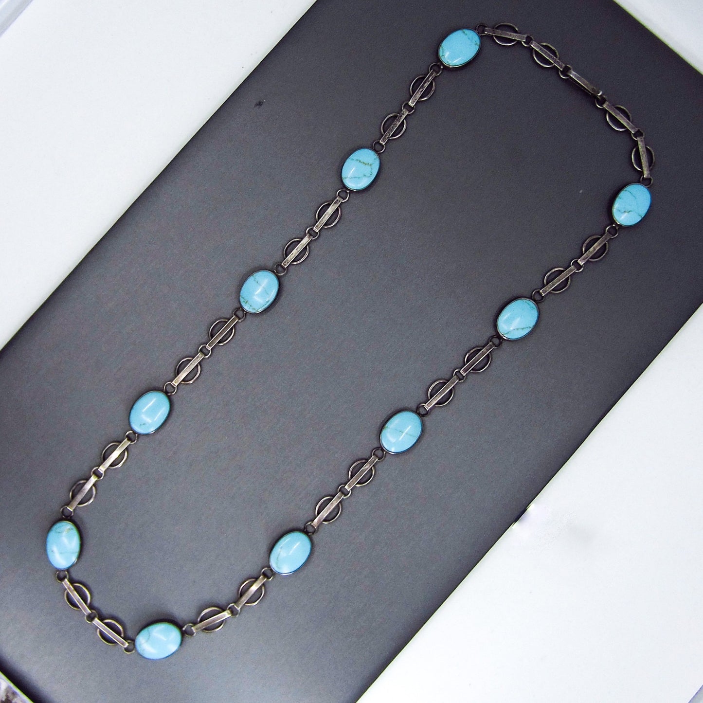 Vintage Fancy Link Turquoise Station Necklace Sterling c. 1970