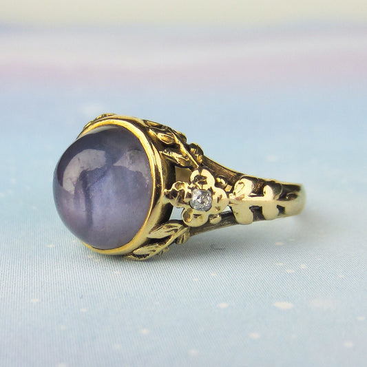 SOLD--Arts & Crafts Edward Oakes Star Sapphire and Diamond Ring 18k c. 1920