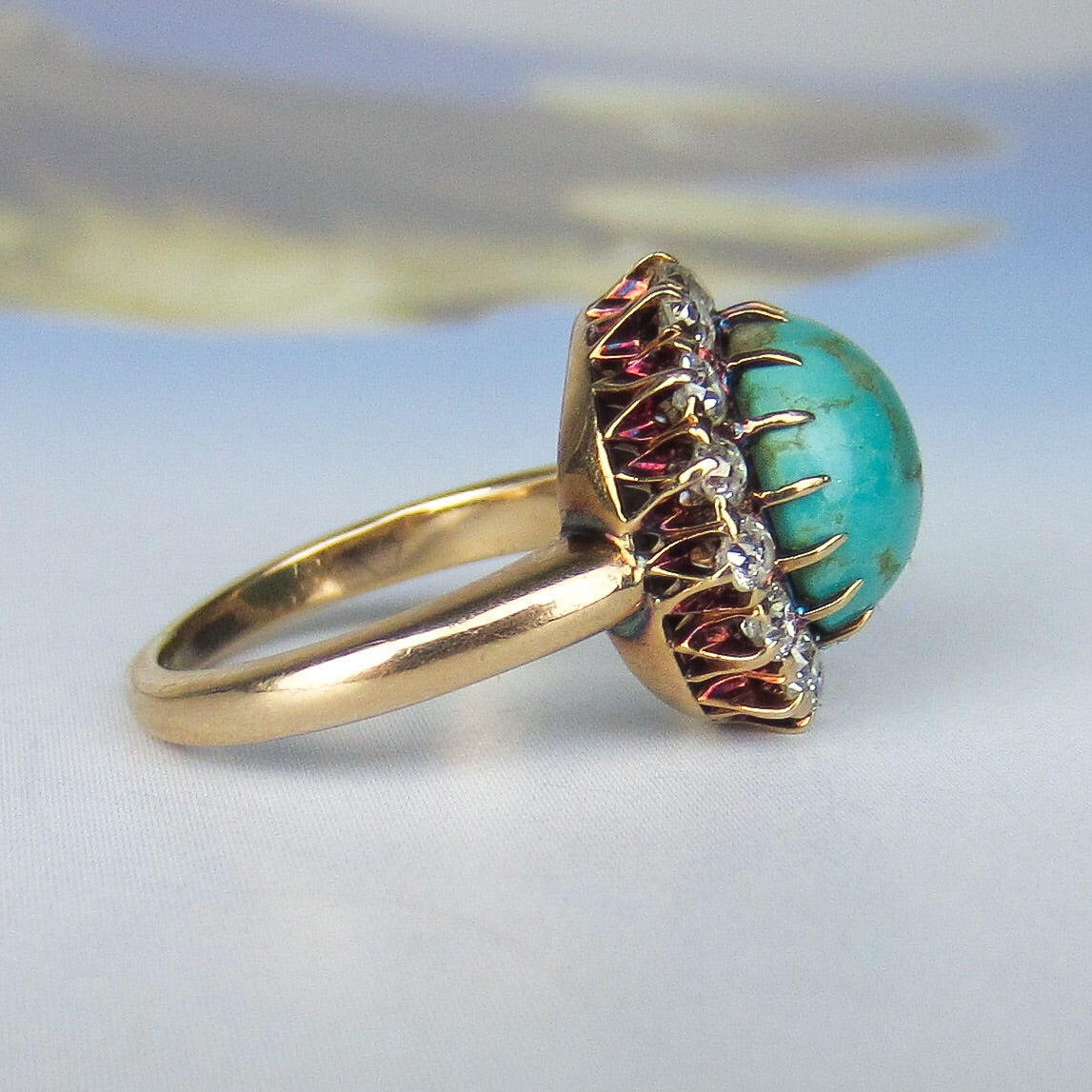 SOLD--Edwardian Turquoise and Diamond Cluster Ring 14k c. 1900