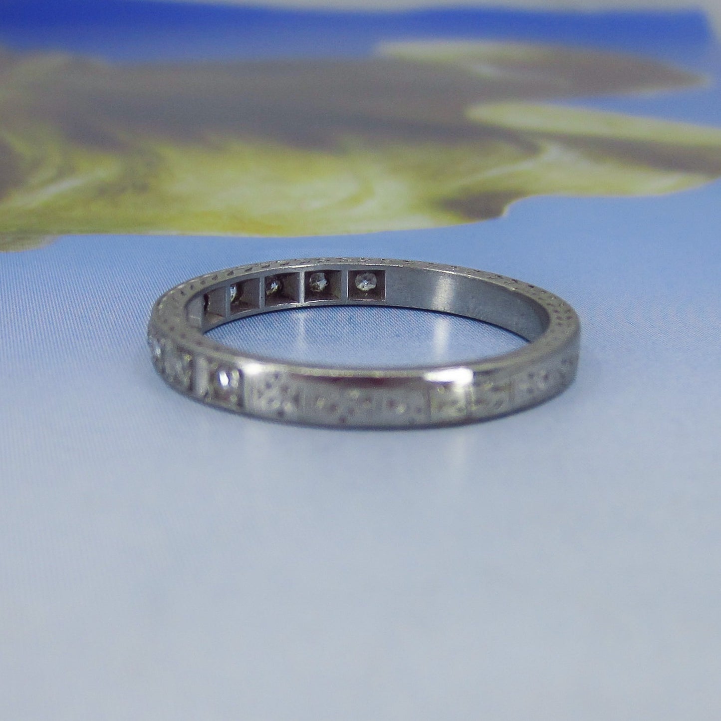 SOLD-Art Deco Ten Diamond Engraved Band Platinum c. 1930