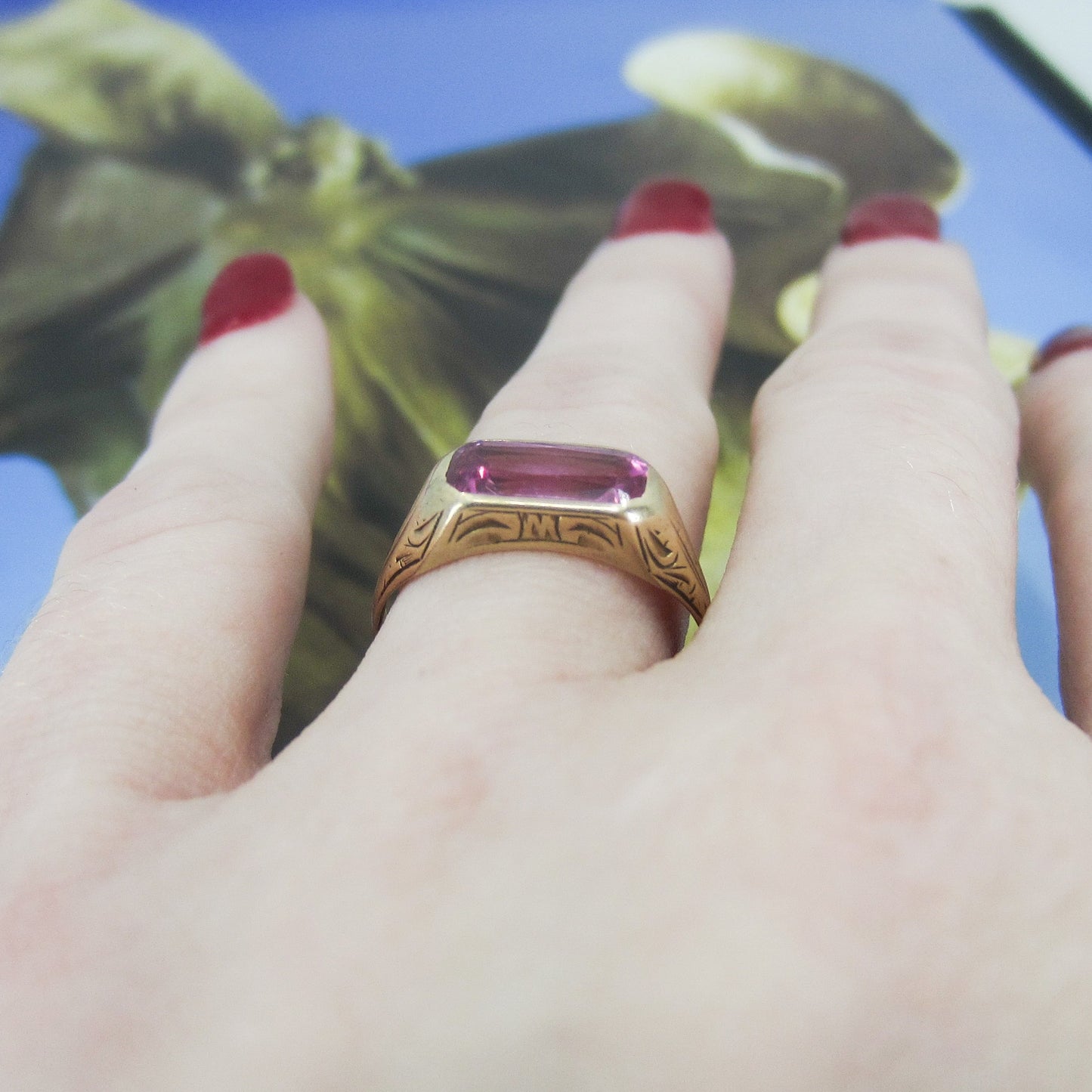 SOLD-Art Deco Pink Sapphire Ring 14k c. 1920