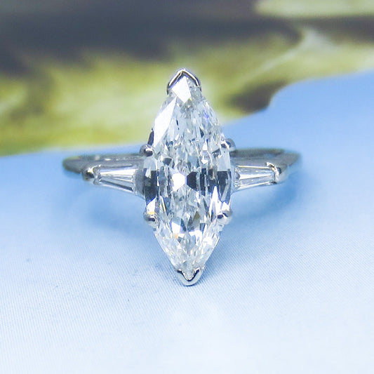 Mid-Century Old Cut Marquise 1.62ct Diamond Engagement Ring 14k c. 1950