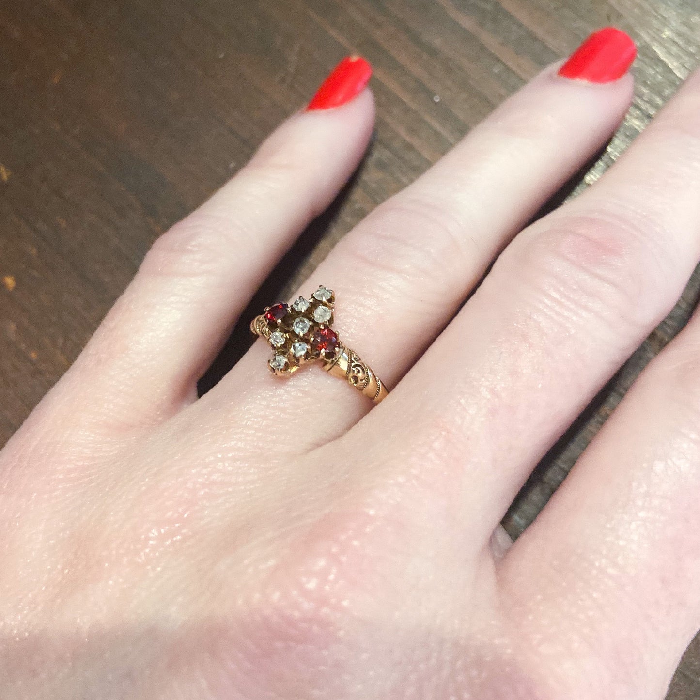 SOLD—Victorian Rose Cut Diamond and Garnet Ring 14k c. 1880