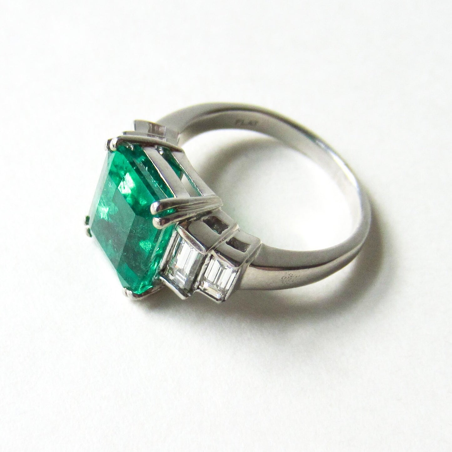 SOLD-GORGEOUS Vintage Emerald 4.57ct and Baguette Diamond Ring Platinum