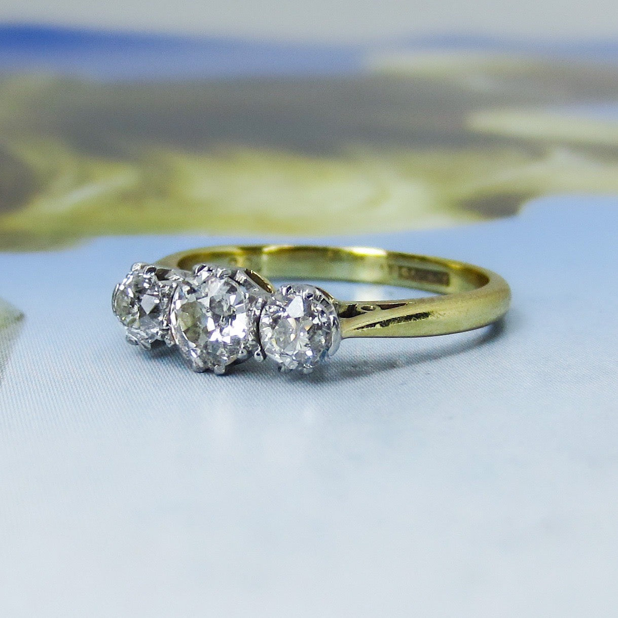 SOLD-Edwardian Three Old Mine Diamond Ring Platinum/18k c. 1910