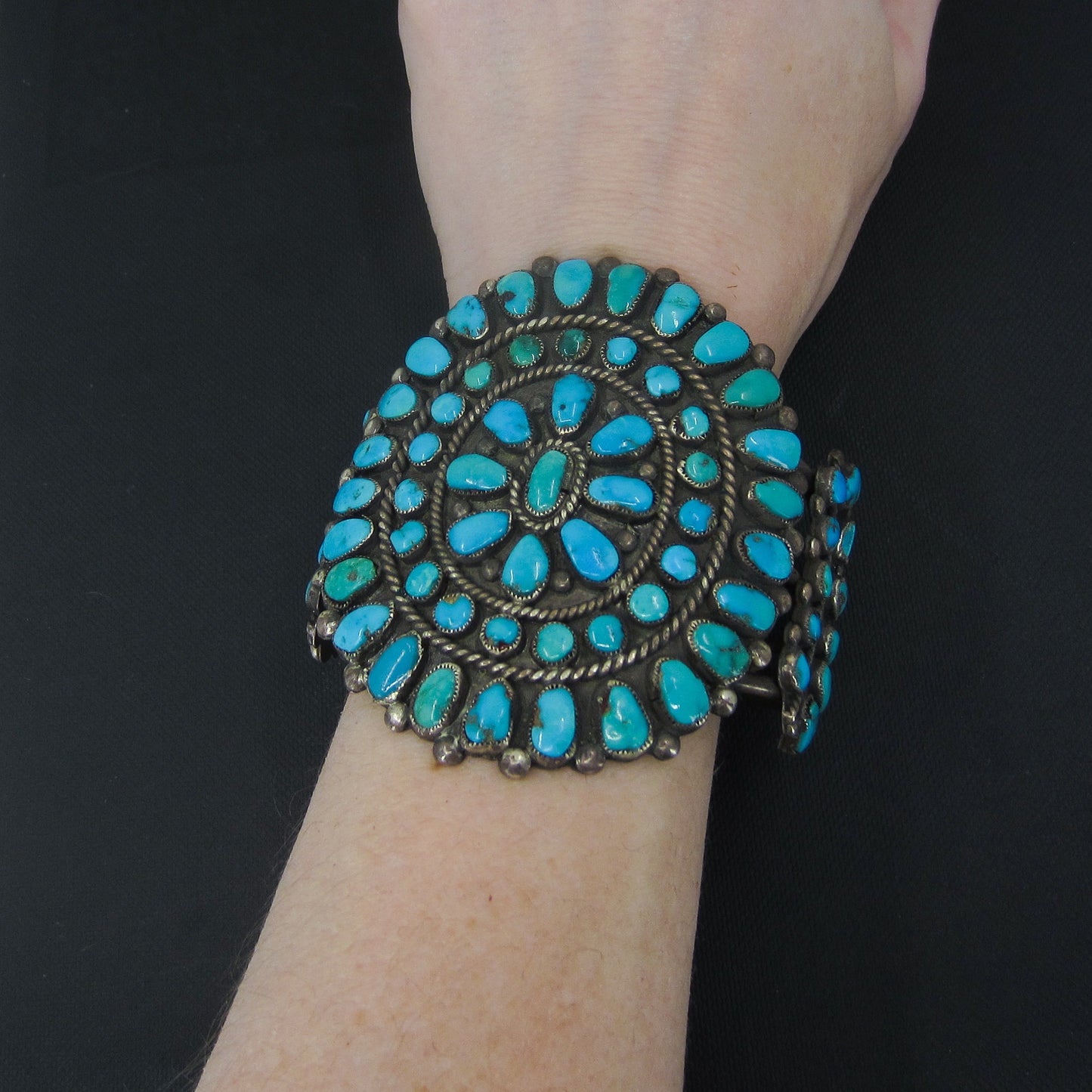 SOLD—HUGE Zuni Turquoise Petit Point Men's Cuff Sterling c. 1950