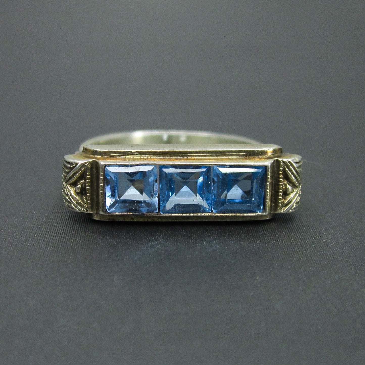 SOLD-Art Deco Square Cut Synthetic Spinel Ring Gilt 835 Silver c. 1930