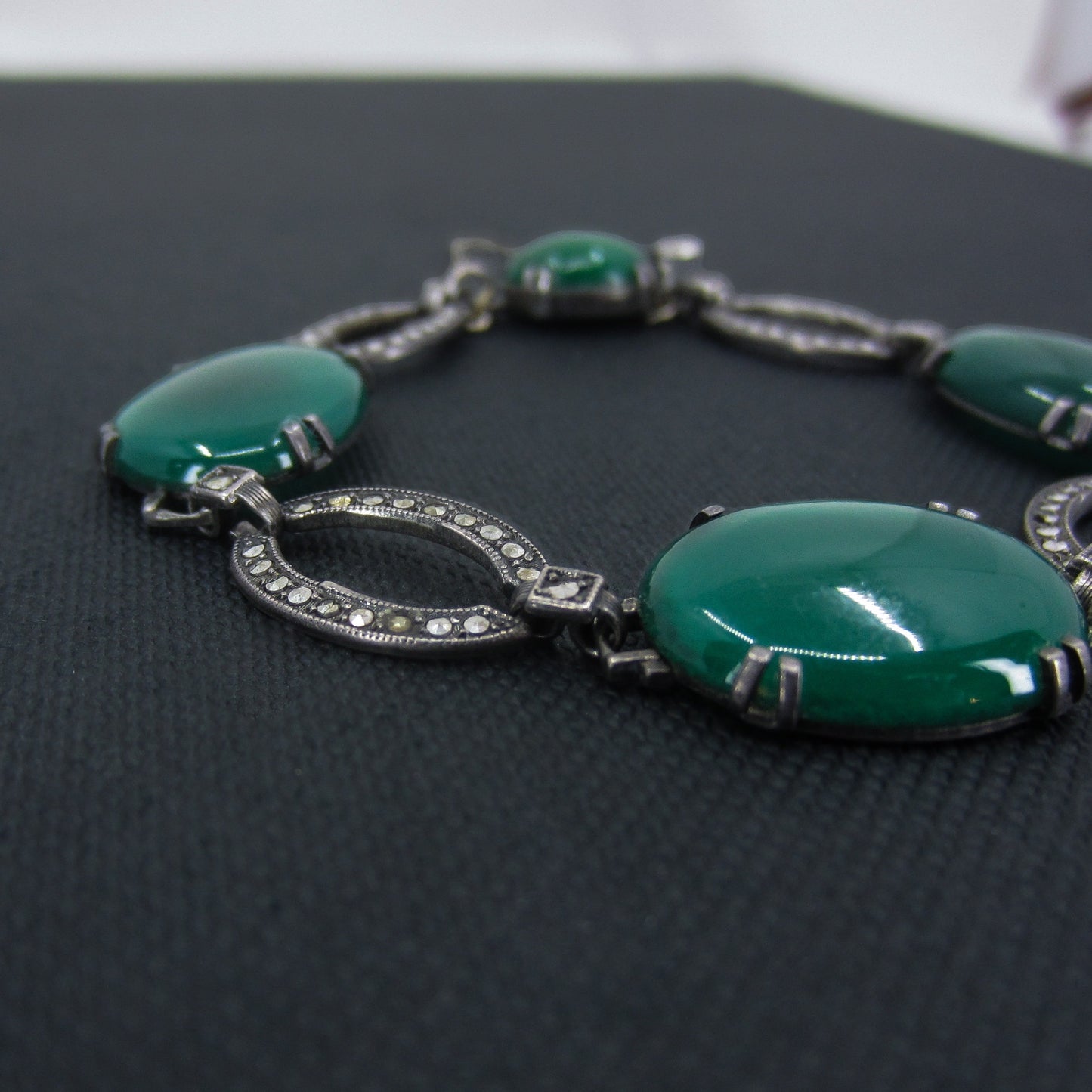 SOLD--Art Deco Green Chalcedony and Marcasite Bracelet Sterling c. 1930