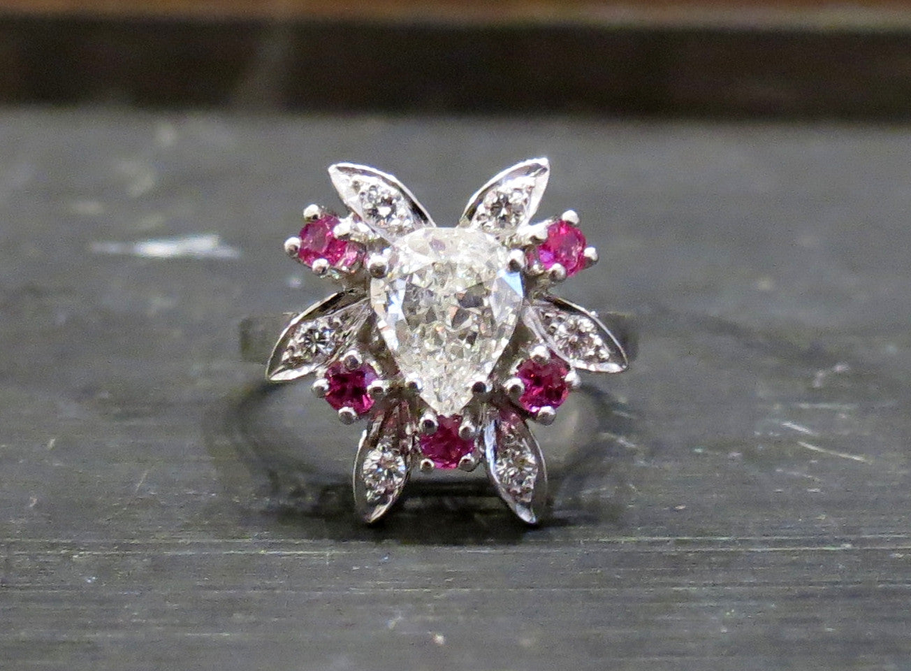 SOLD--Mid-Century Pear Shape .90ct Diamond and Ruby Ring Platinum c. 1950