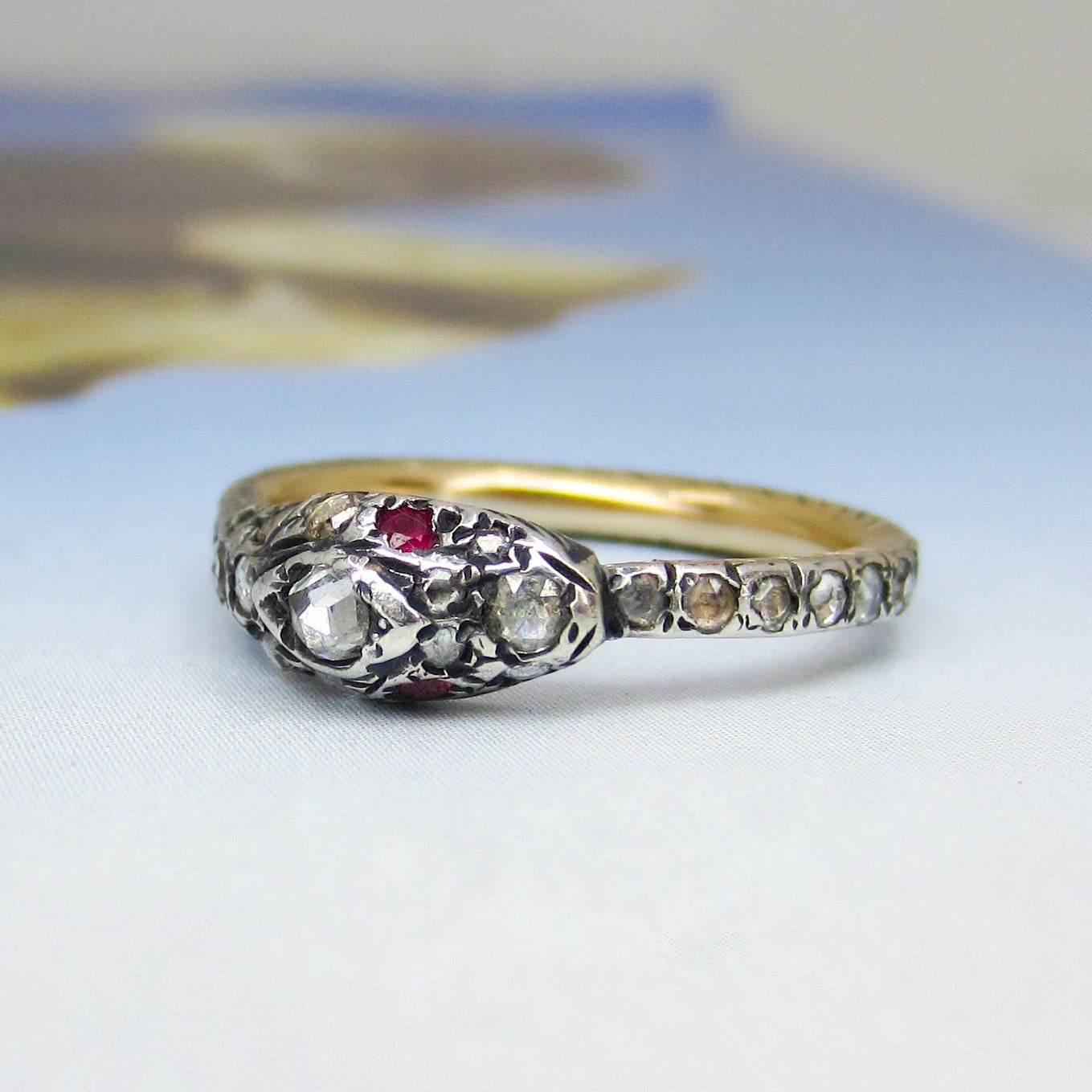 Victorian Rose Cut Diamond and Ruby Snake Ring Silver/14k c. 1890 Size 6.5
