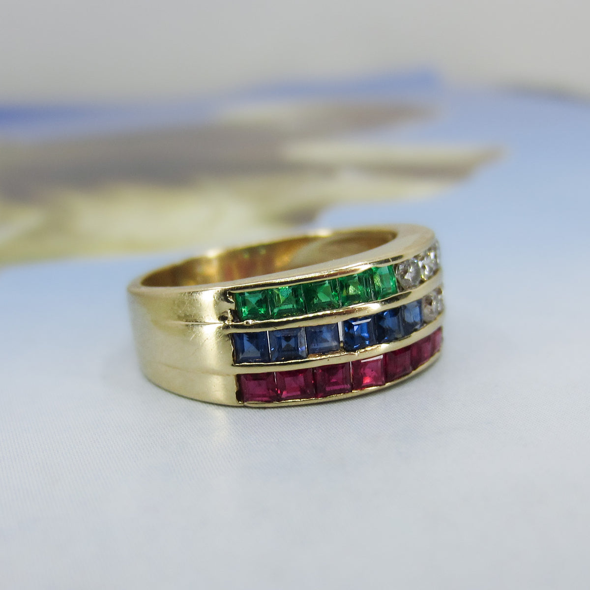 Vintage Ruby, Emerald, Sapphire and Diamond Band 18k c. 1980
