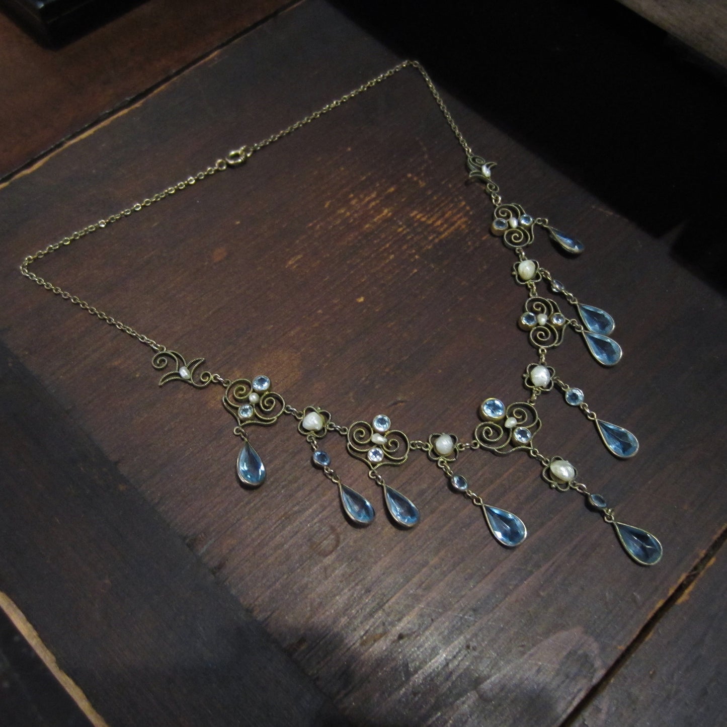 Victorian Pearl and Blue Glass Drop Necklace Gold-filled c. 1890