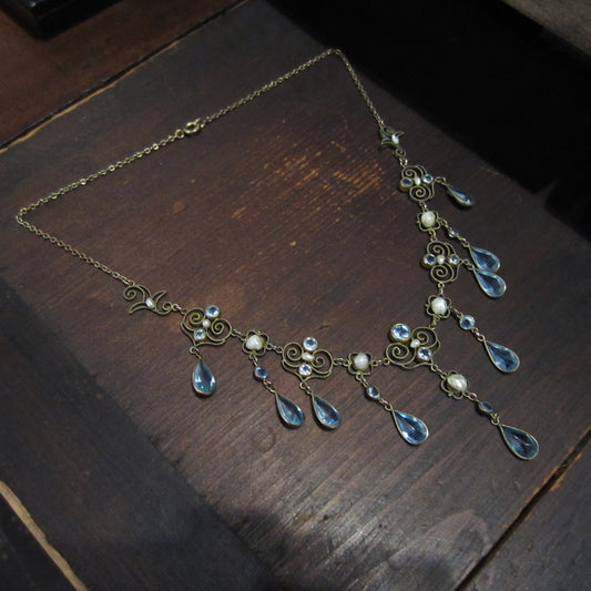 Victorian Pearl and Blue Glass Drop Necklace Gold-filled c. 1890