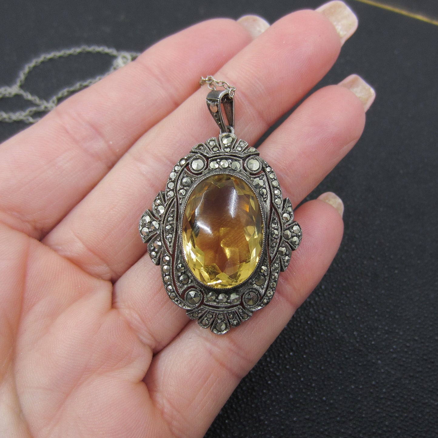 Art Deco Citrine and Marcasite Pendant Sterling, Germany c. 1920
