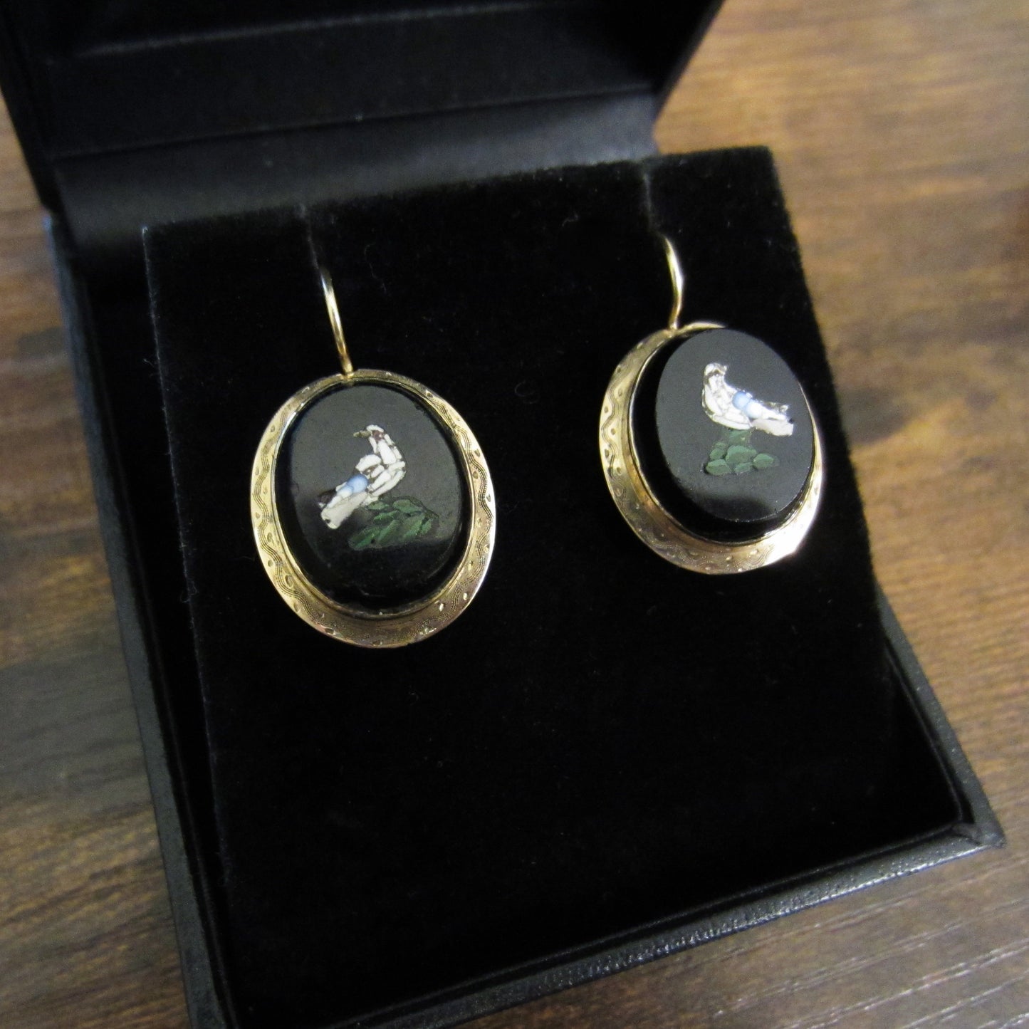 SOLD-Victorian Micro Mosaic Dove Earrings 14k c. 1890