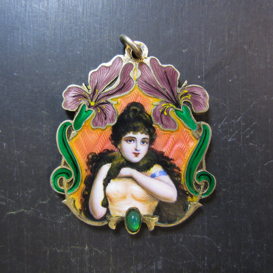 Art Nouveau Enamel Slide Mirror Lady Locket Gilt Silver, European c. 1900