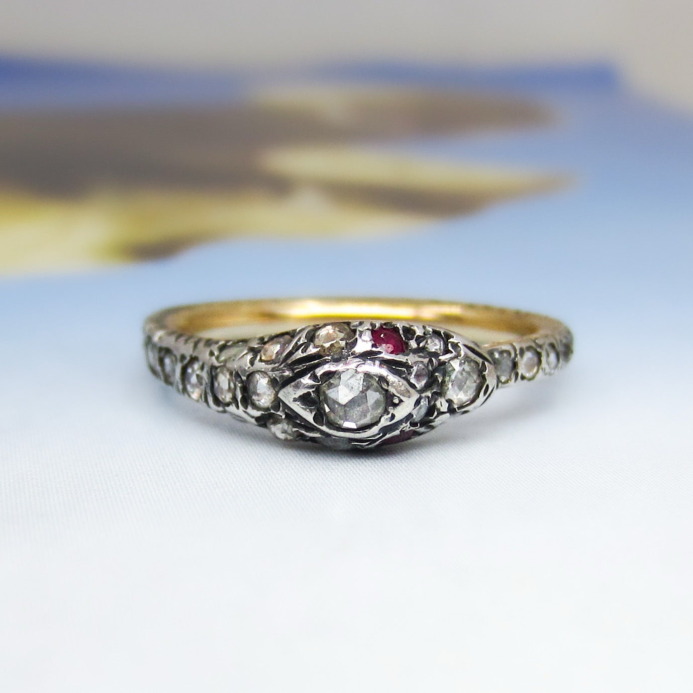 Victorian Rose Cut Diamond and Ruby Snake Ring Silver/14k c. 1890 Size 6.5