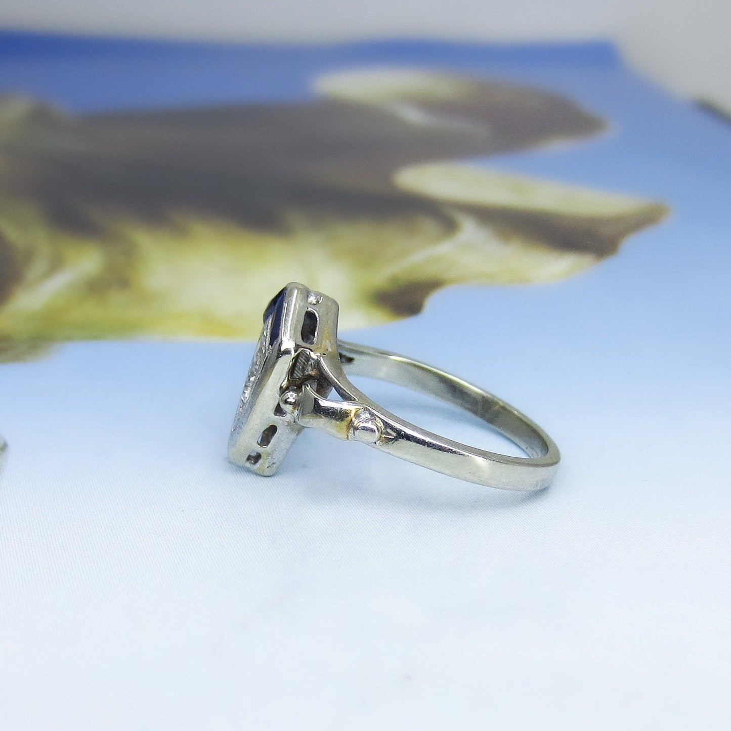 Art Deco Diamond and Sapphire Ring 14k c. 1930