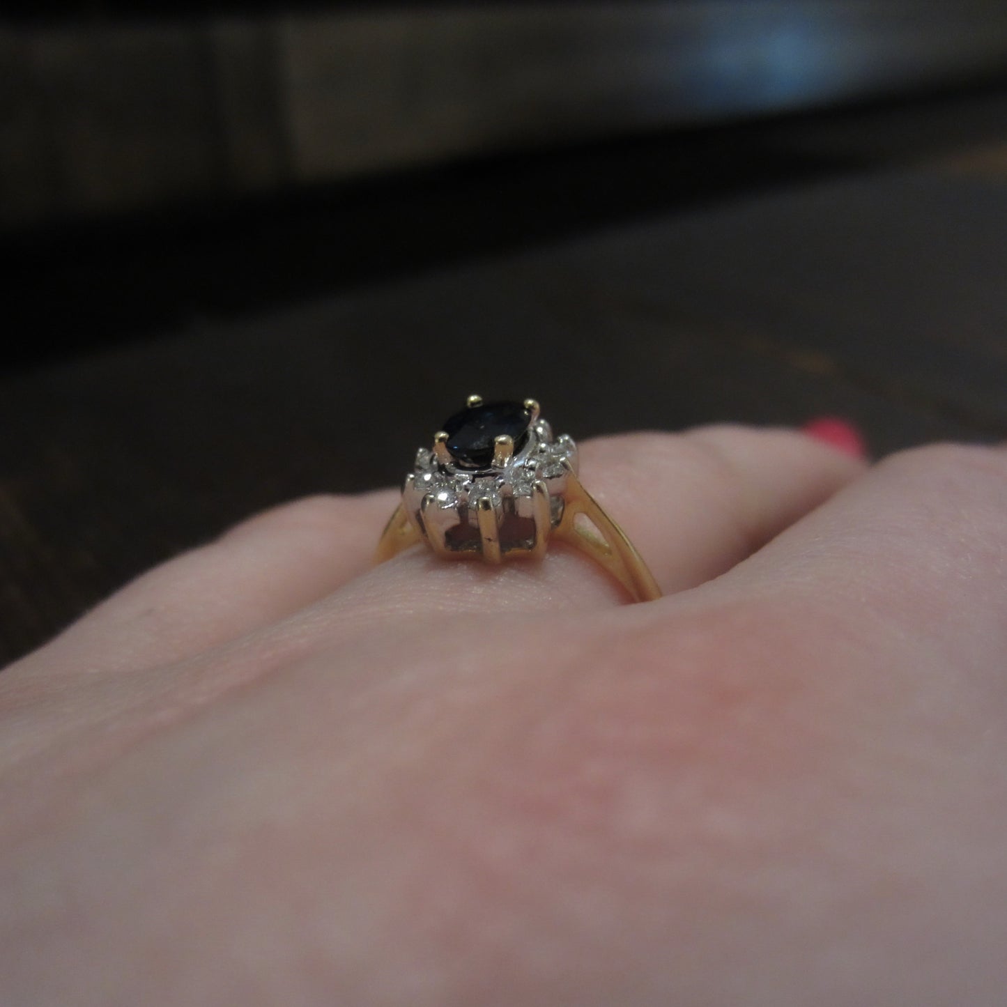 SOLD- Vintage Sapphire and Diamond Cluster Ring 14k c. 1980