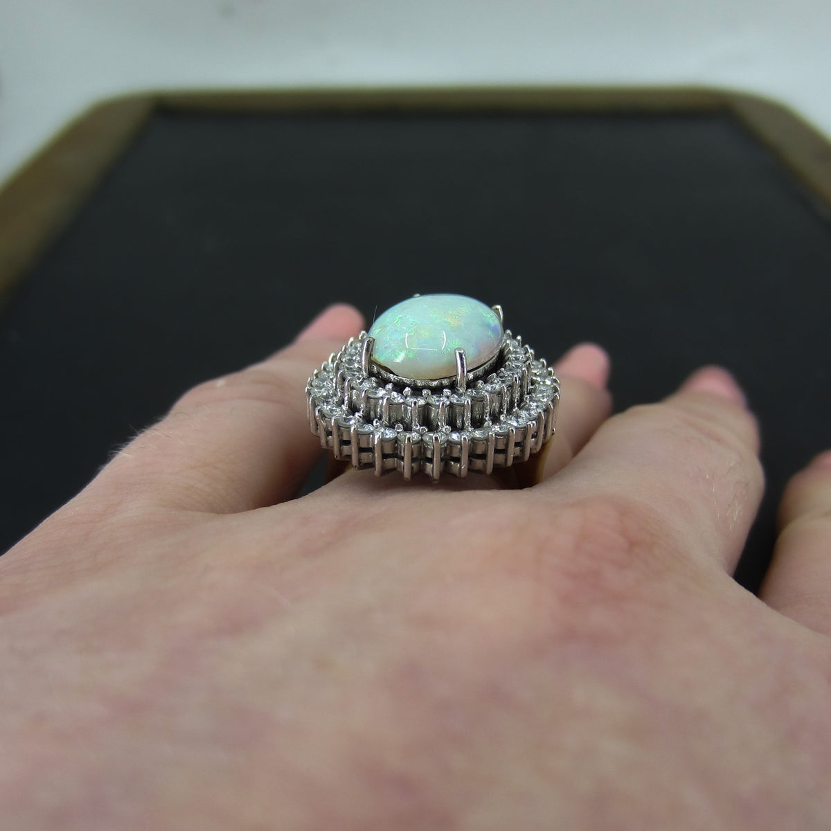 Vintage Opal and Diamond Cluster Ring 14k c. 1980