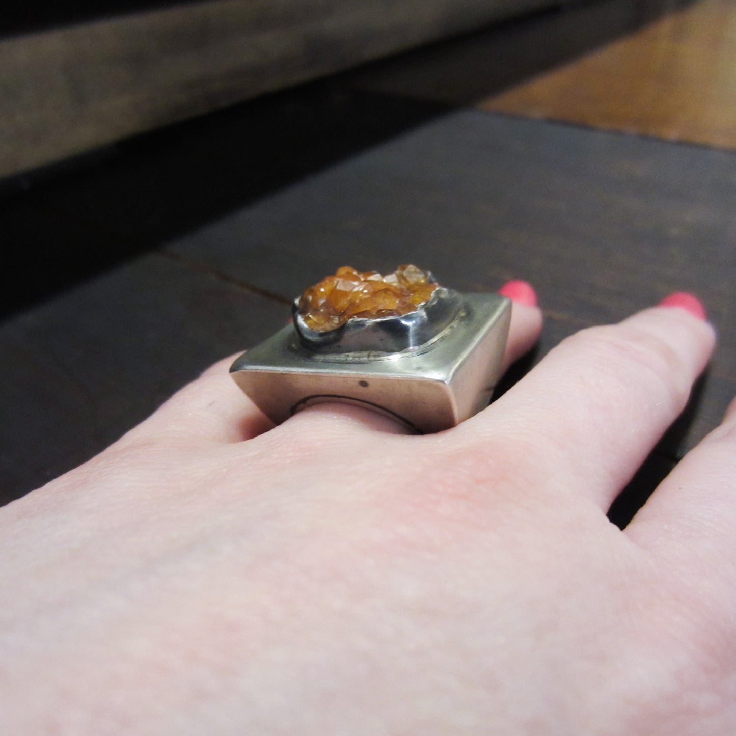Postmodern Druzy Pyramid Ring Sterling, size 5, circa 1990