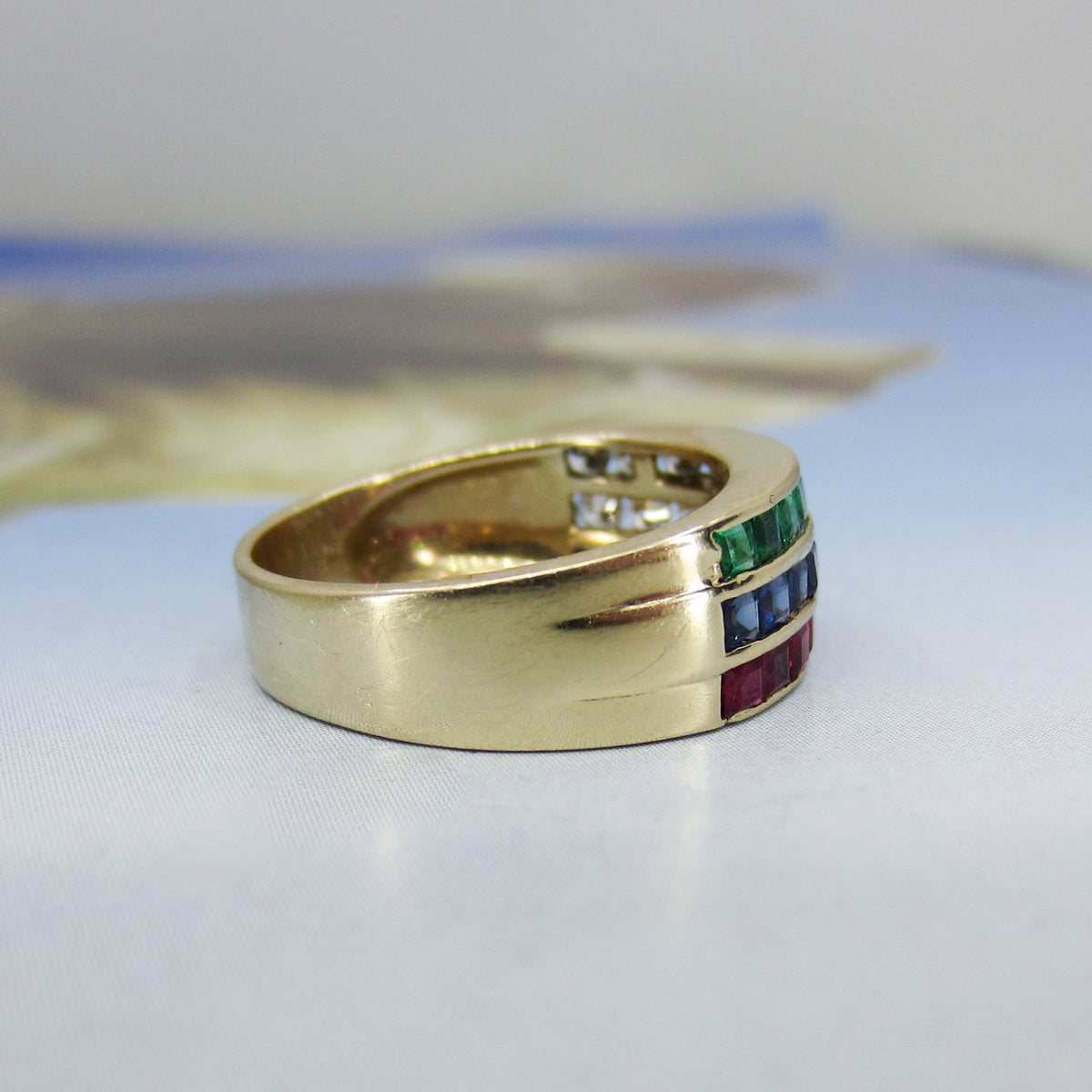Vintage Ruby, Emerald, Sapphire and Diamond Band 18k c. 1980