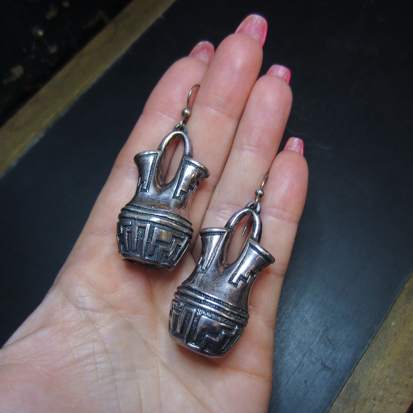 Vintage Native American Wedding Vase Earrings Sterling c. 1980