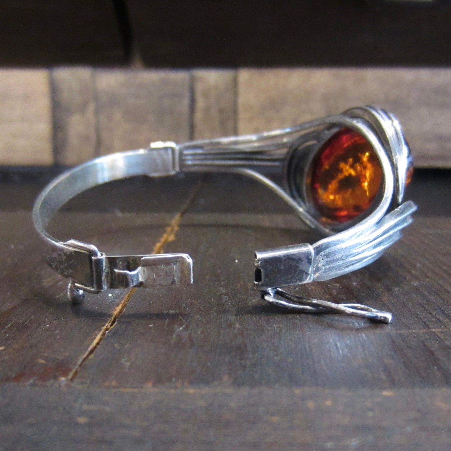 Vintage Large Amber Hinged Bangle Sterling Silver, Poland c. 1970