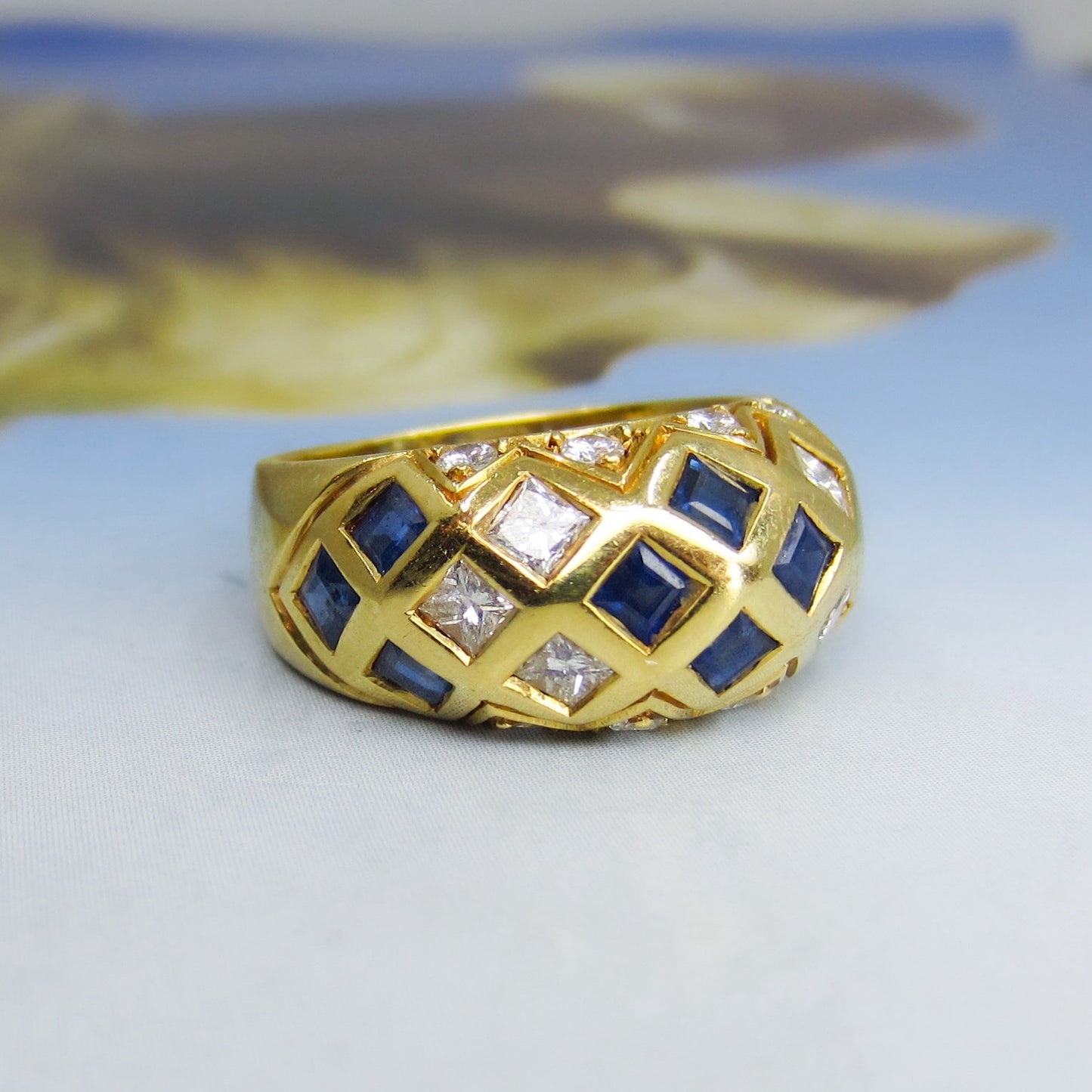 Vintage Sapphire and Diamond Dome Ring 18k c. 1990