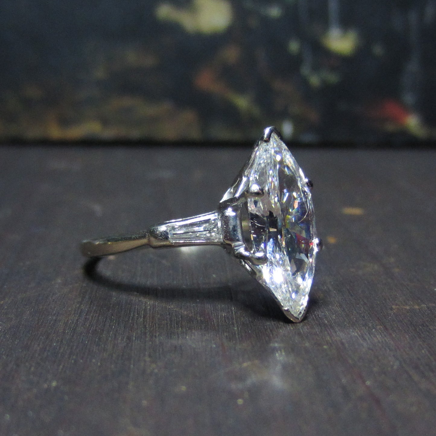 Mid-Century Old Cut Marquise 1.62ct Diamond Engagement Ring 14k c. 1950