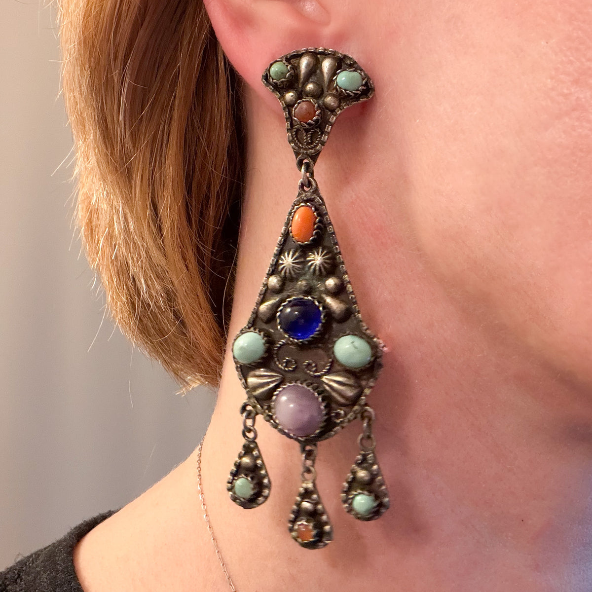 Vintage Big Multi-Stone Drop Earrings Silver