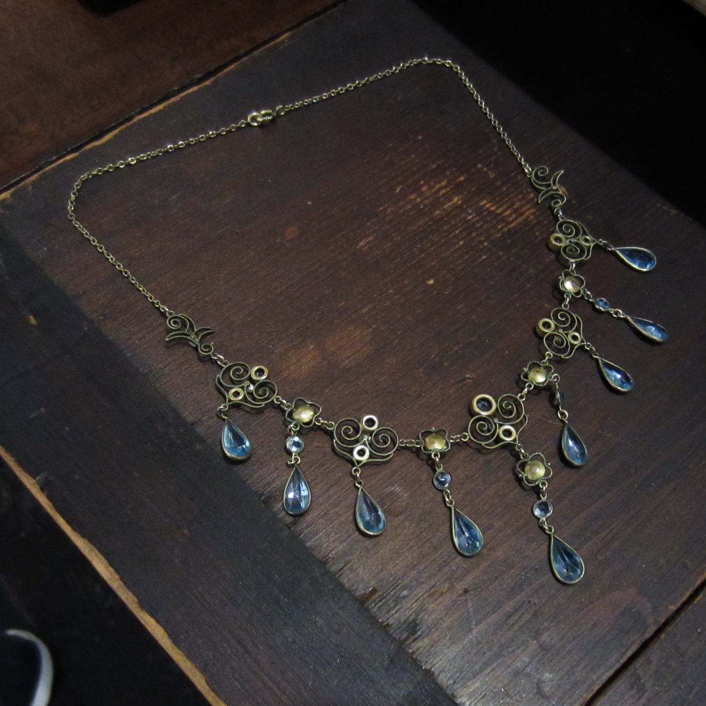 Victorian Pearl and Blue Glass Drop Necklace Gold-filled c. 1890