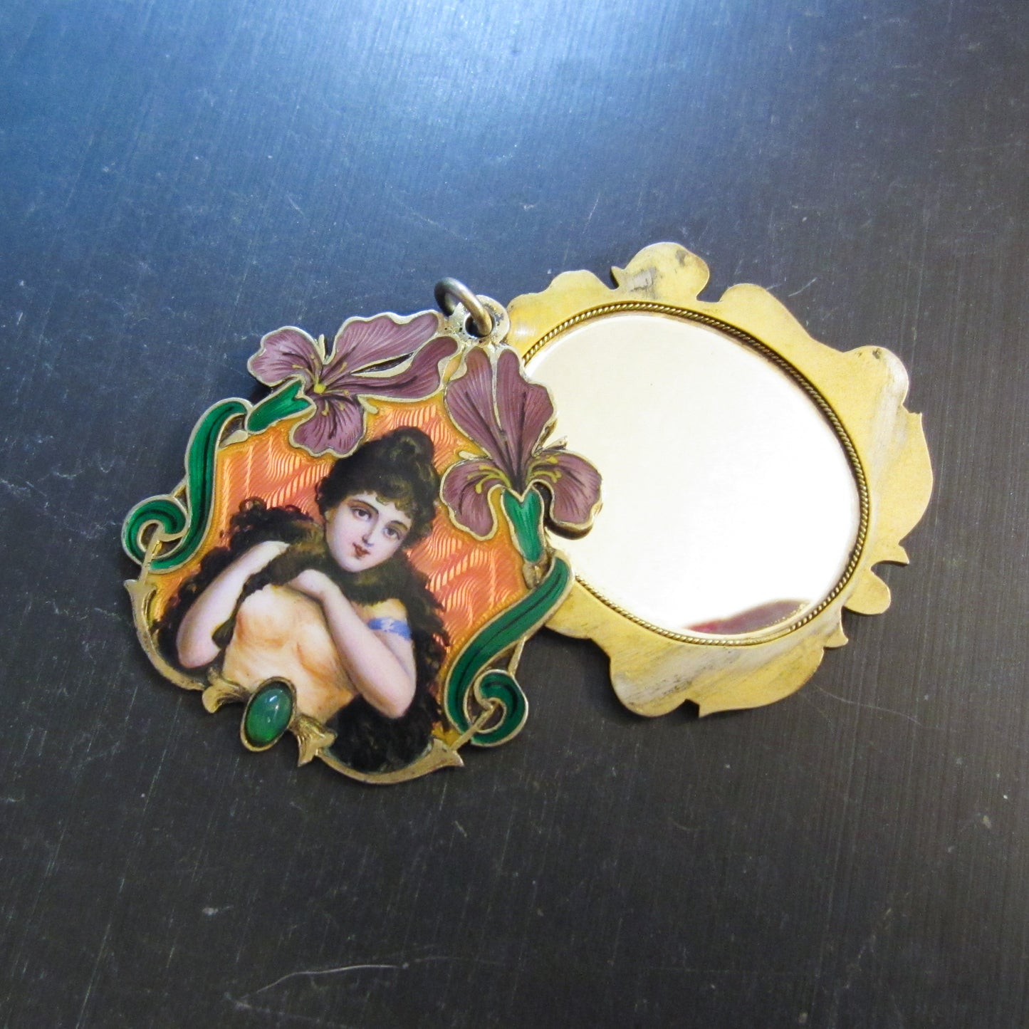 Art Nouveau Enamel Slide Mirror Lady Locket Gilt Silver, European c. 1900