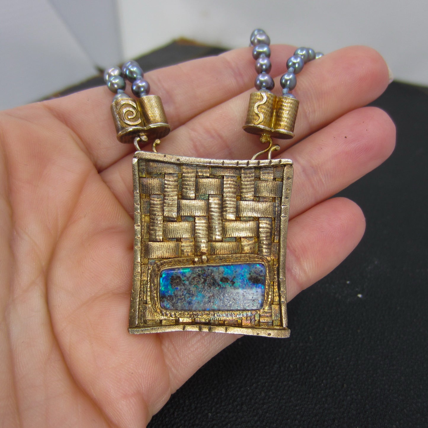 Vintage Pearl and Boulder Opal Necklace Gilt Silver c. 1998