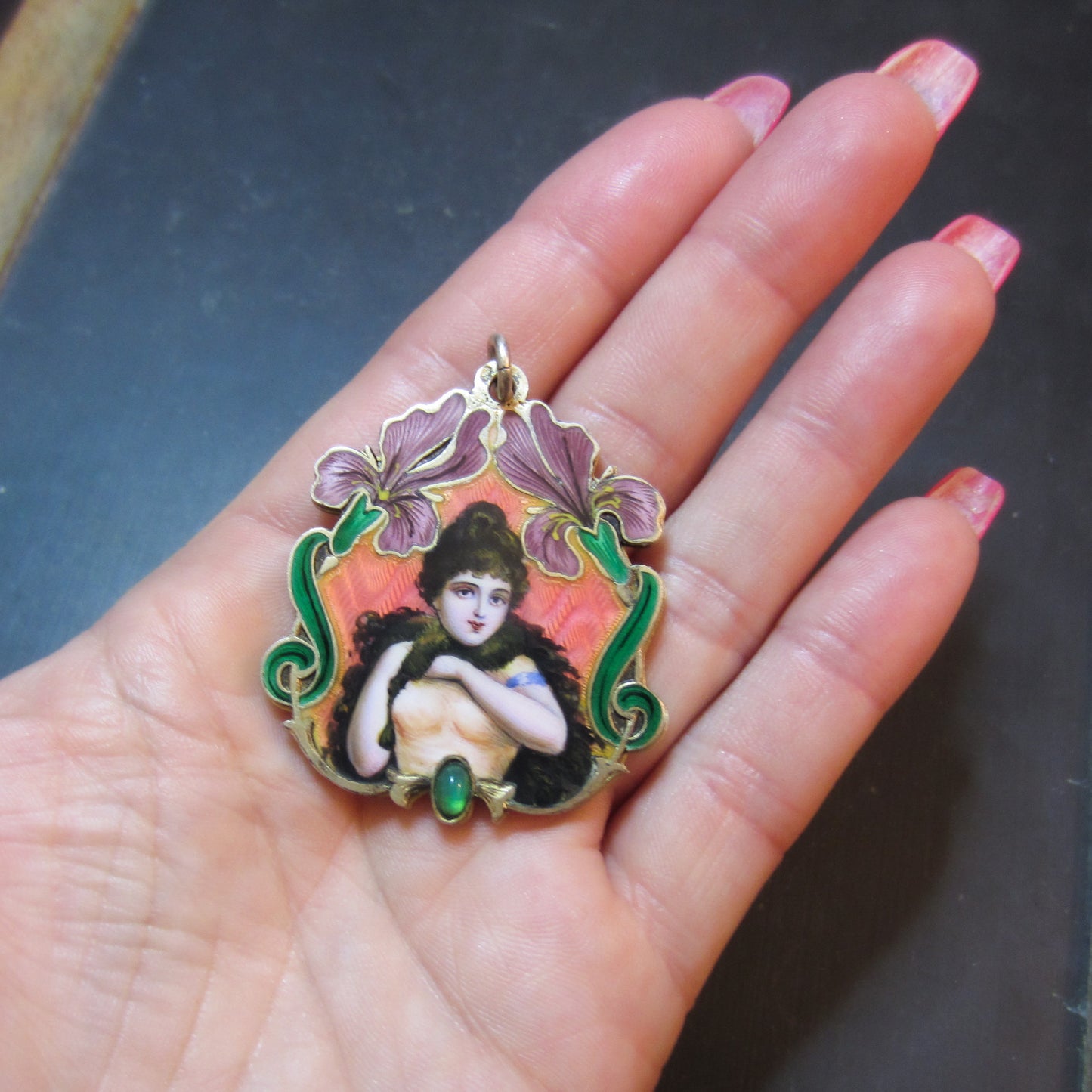 Art Nouveau Enamel Slide Mirror Lady Locket Gilt Silver, European c. 1900