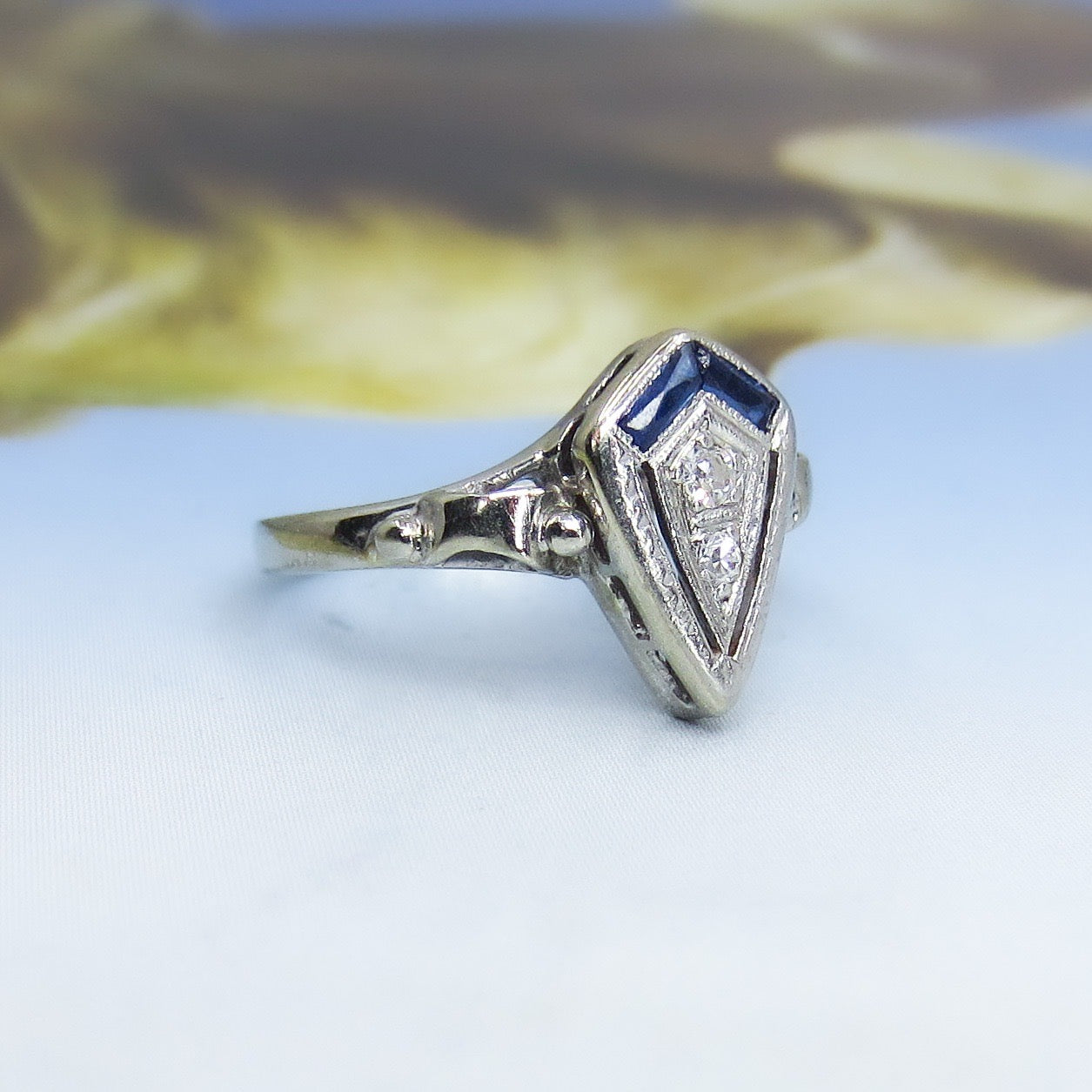 Art Deco Diamond and Sapphire Ring 14k c. 1930