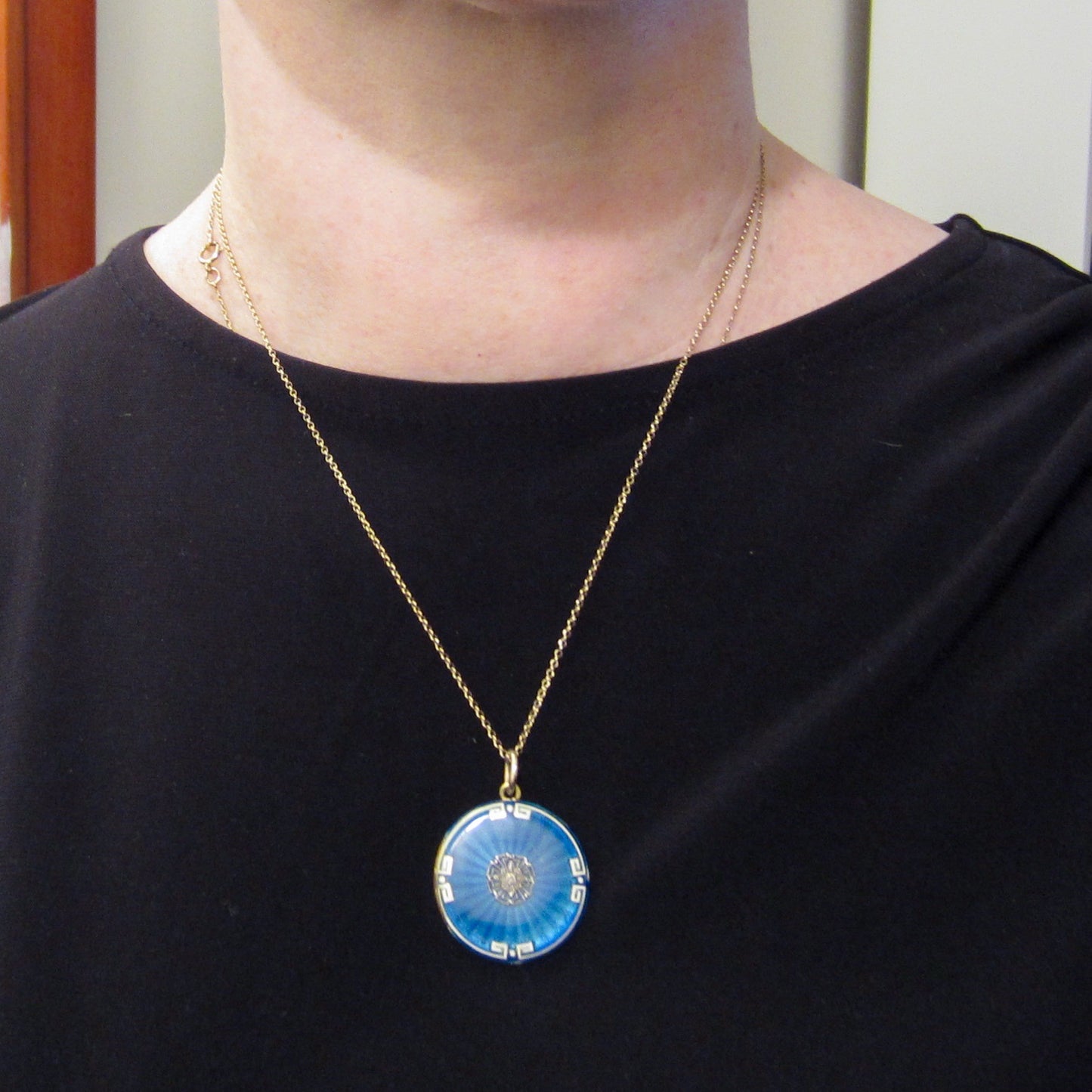 Belle Époque French Guilloche Enamel and Diamond Locket Platinum/18k c. 1910