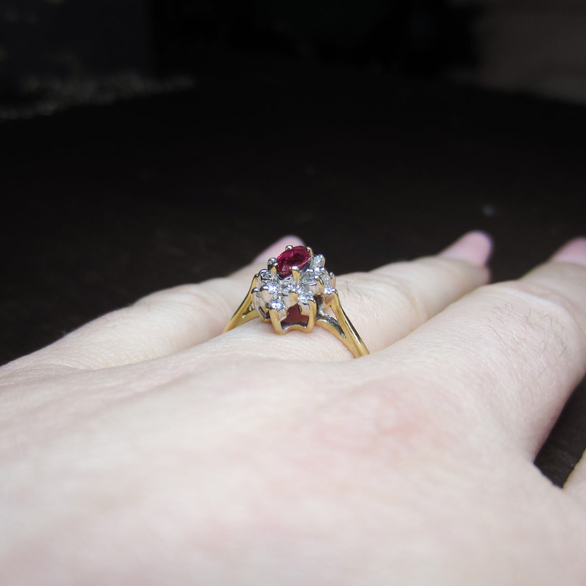 Vintage Marquise Ruby and Diamond Cluster Ring 14k c. 1980