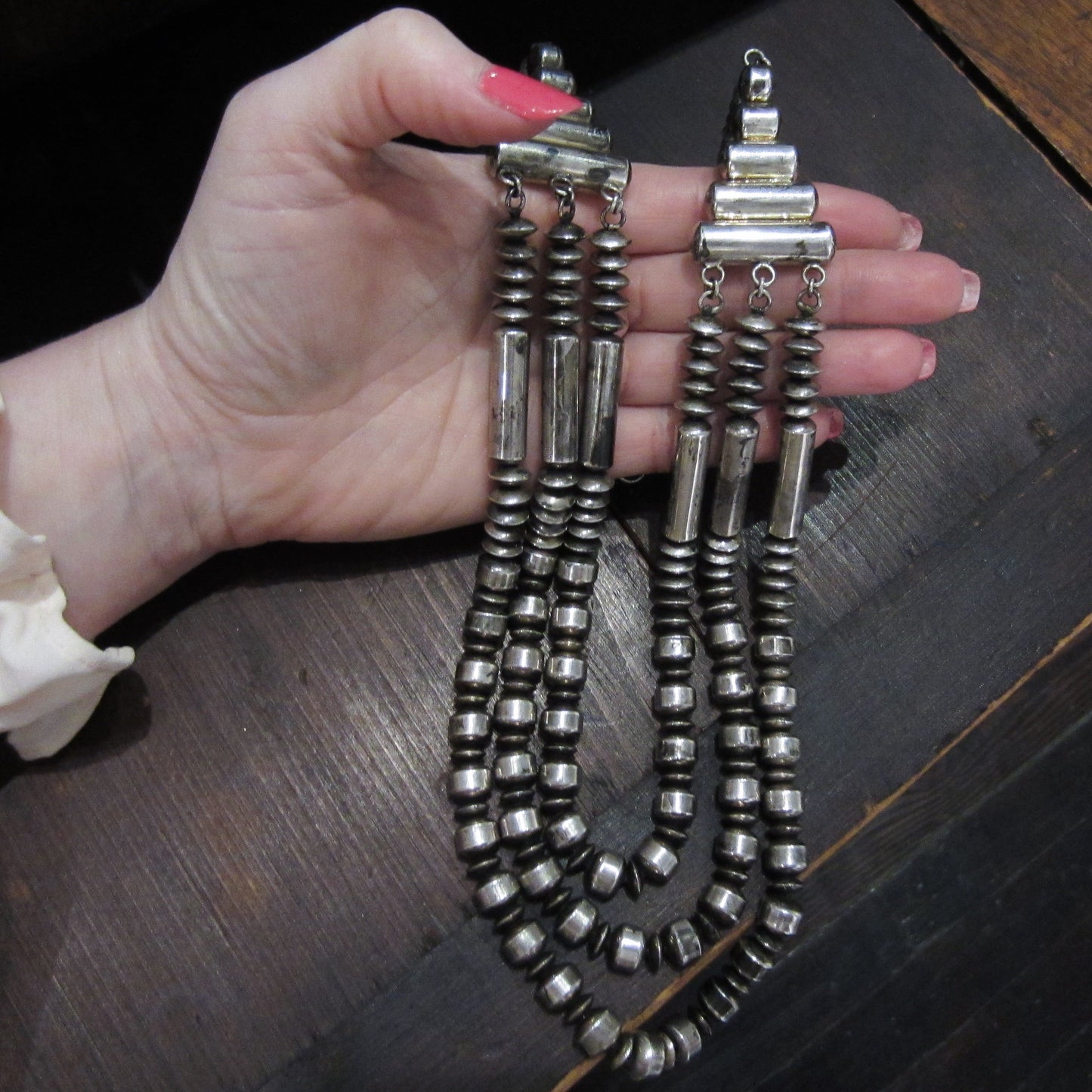 HOLD Vintage Margaret Lee Navajo Triple Strand Necklace Sterling Silver c. 2000