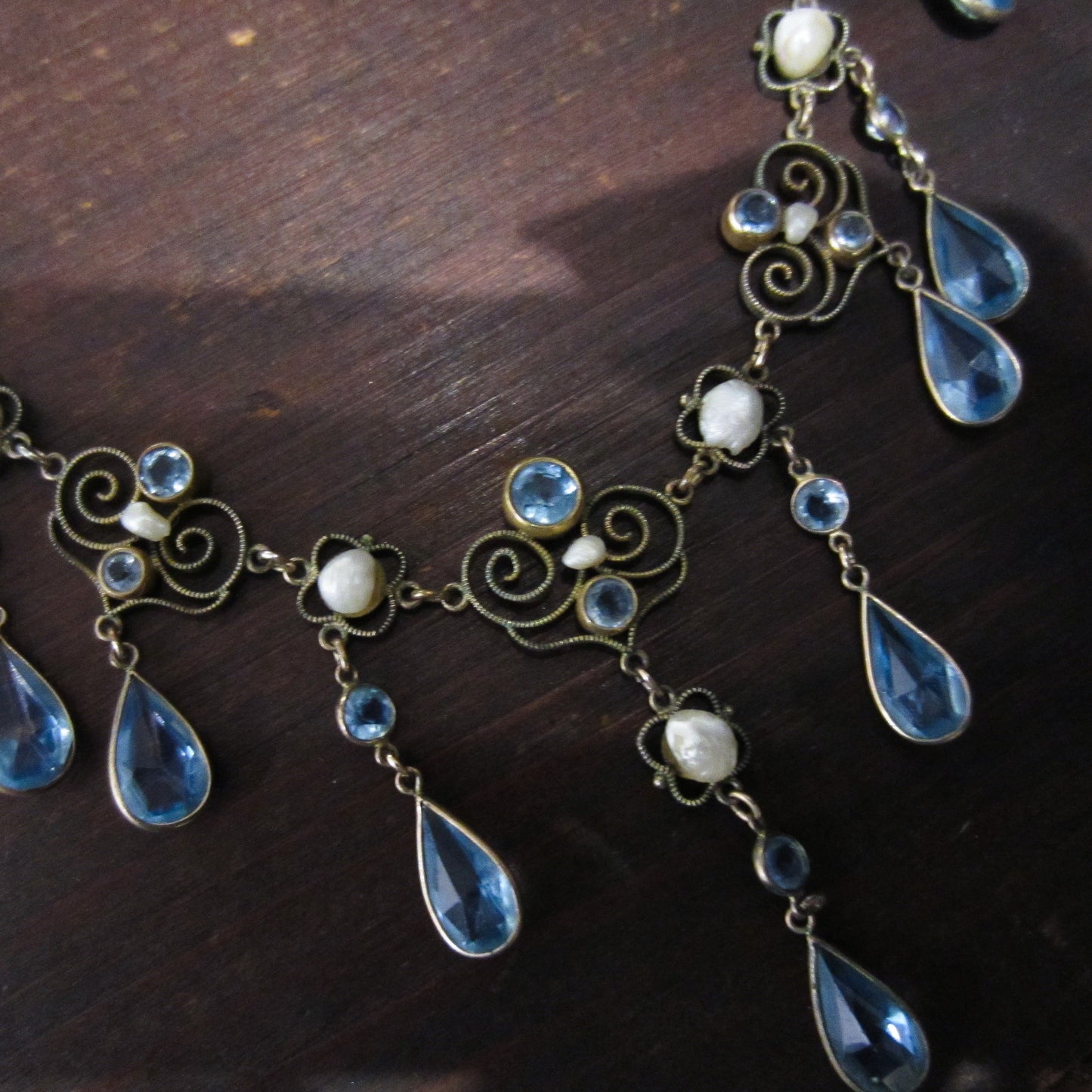 Victorian Pearl and Blue Glass Drop Necklace Gold-filled c. 1890