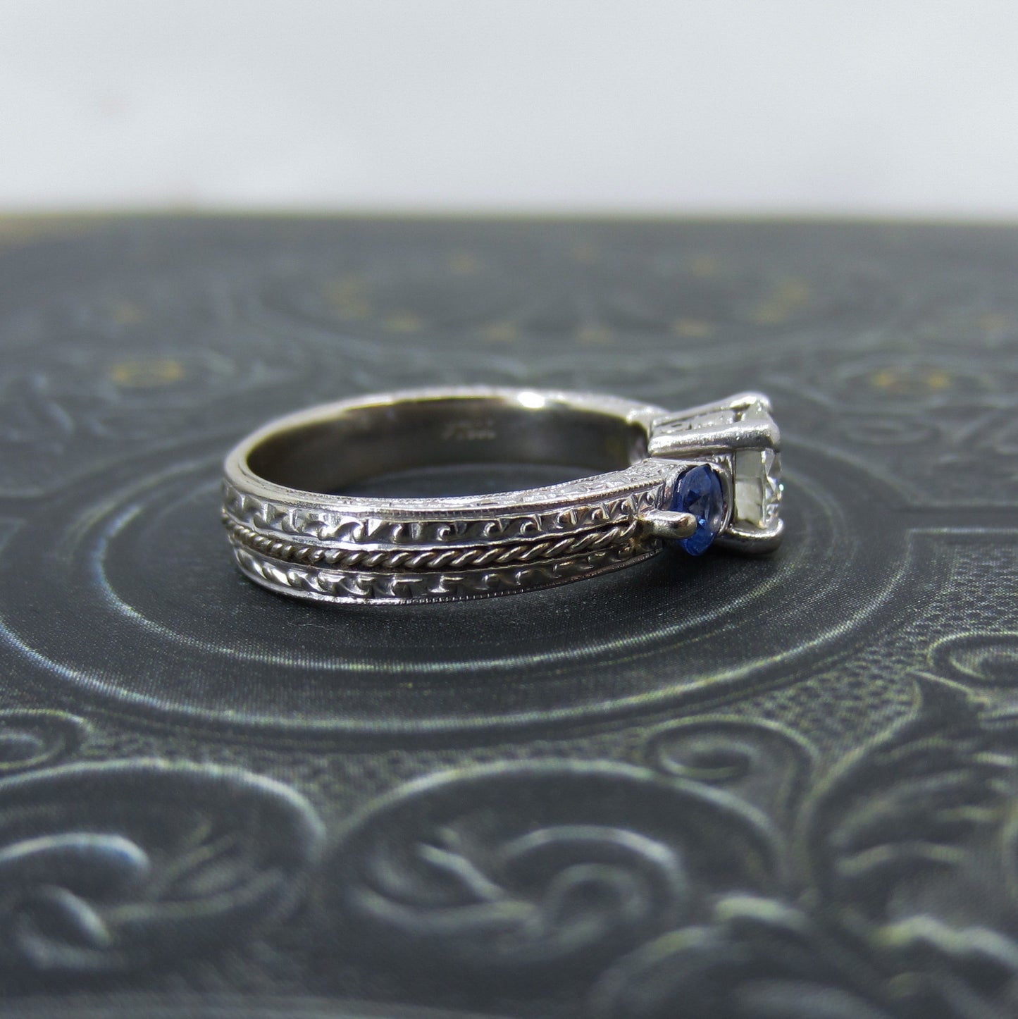 Estate Diamond .84ct and Sapphire Engagement Ring Platinum/18k