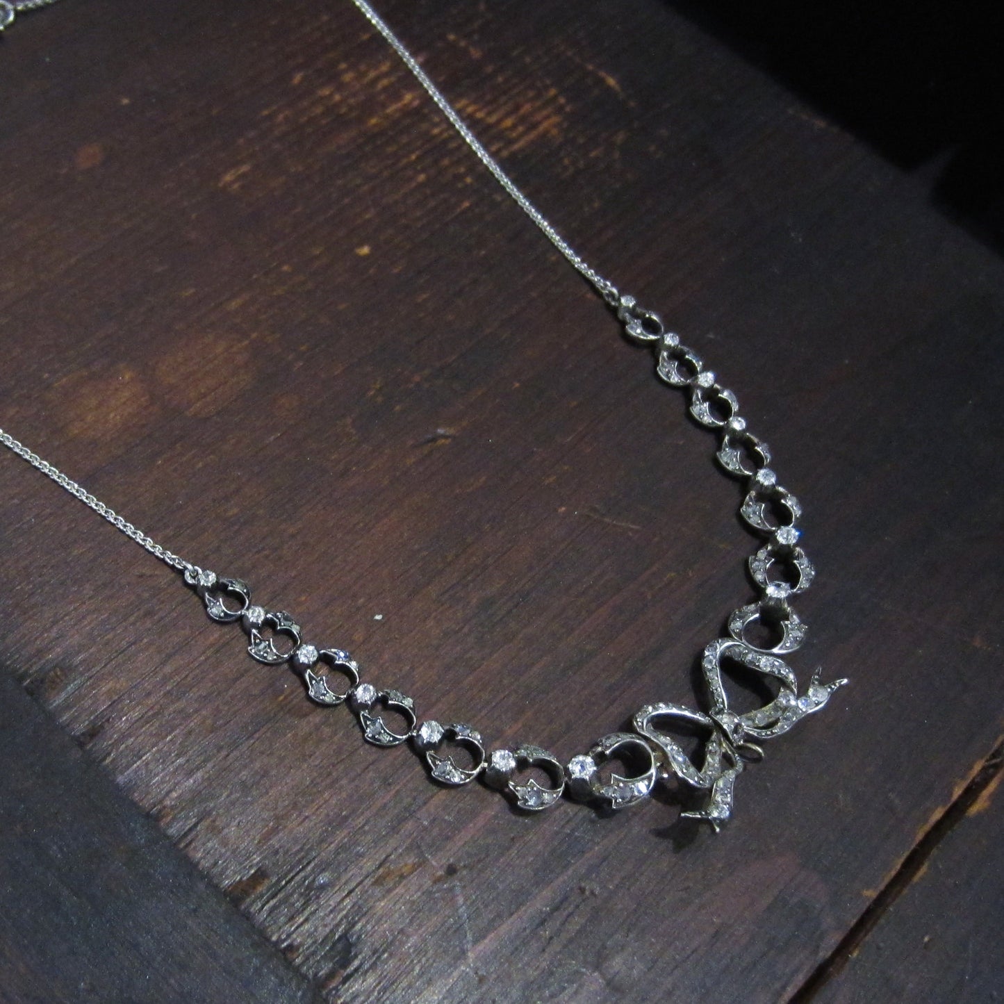 Victorian Diamond Bow Necklace Silver/14k c. 1850