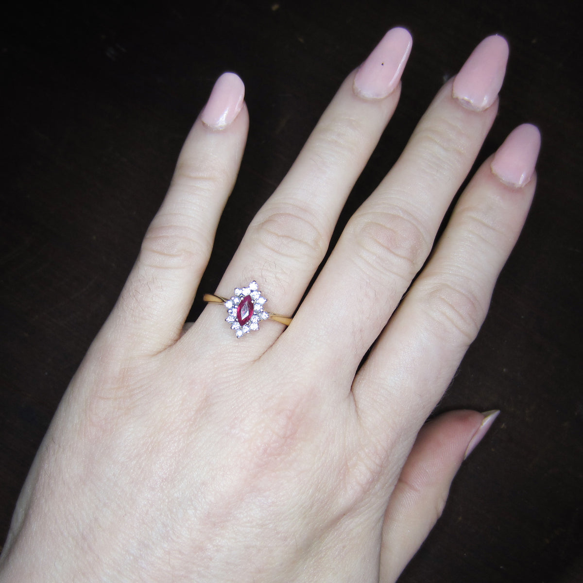 Vintage Marquise Ruby and Diamond Cluster Ring 14k c. 1980